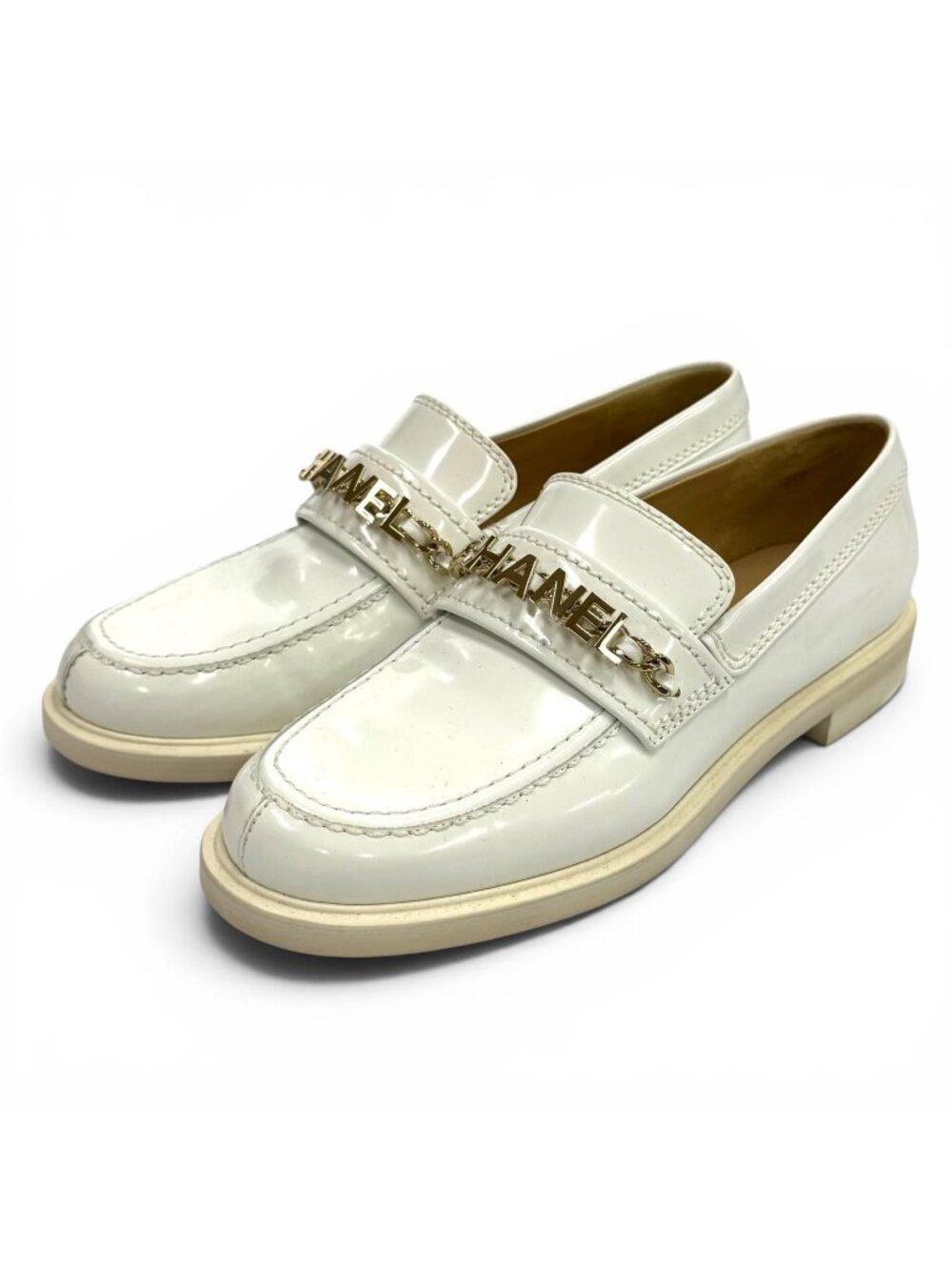 Chanel Logo CC Patent Leather Loafers White Gold